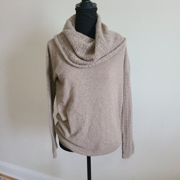 Garnet Hill 100% Cashmere Sweater Small Beige Tan Cowl Neck Textured Knit Sleeve - Picture 1 of 9